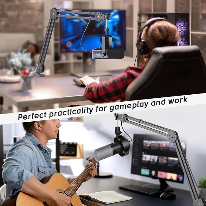 FIFINE Microphone Arm Stand-Heavy Duty Boom Arm Suspension Scissor Adjustable Mic Stand with Desk Mount C-calmp 5/8 Screw Cable Ties for Recording Gaming Streaming Podcasting-BM63