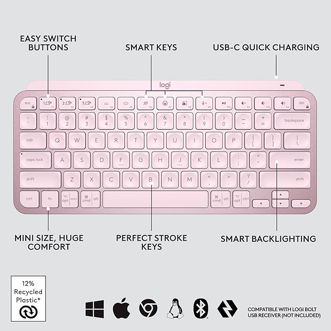 Logitech MX Keys Mini Minimalist Wireless Illuminated Keyboard Compact Bluetooth Backlit USB-C Compatible with Apple macOS iOS Windows Linux Android Metal Build - Rose