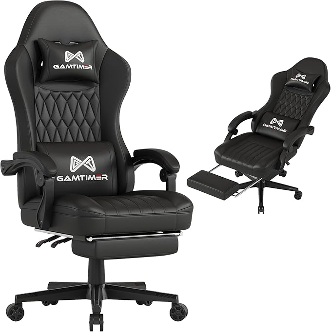 Gaming Chair with Footrest Ergonomic Computer Chair PU Breathable Material with Headrest and Lumbar Support Suitable for Silla Gamer and Adults(Black)