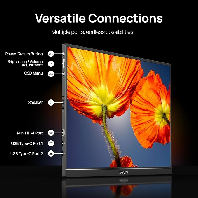 ARZOPA 16 2.5K Portable Monitor 2560x1600 QHD IPS Display 123% sRGB with Built-in Stand USB-C HDMI Eye Care External Second Screen for Mac Laptop Phone PS4/5 Xbox Switch -Z1RC