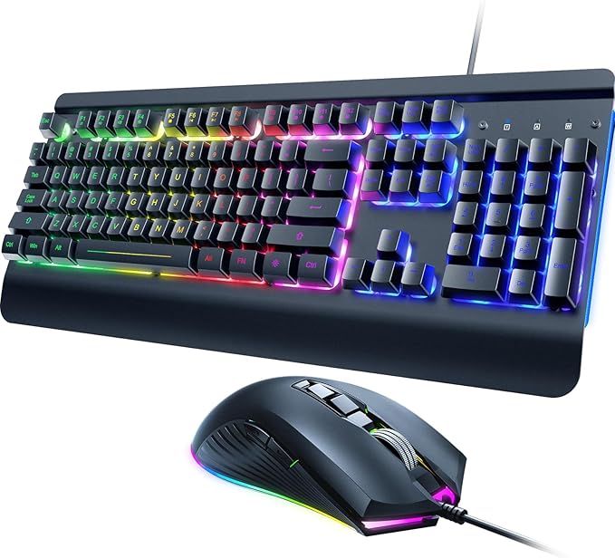 Wired Gaming Keyboard and Mouse Combo 104 Keys All-Metal Panel Rainbow Computer Keyboard with Multimedia Keys Wrist Rest and LED Backlit Gaming Mouse 4200 DPI for Windows PC Gamers (Black)