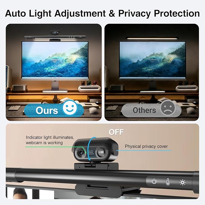 4-in-1 4K Webcam with Microphone and Speaker Noise Cancellation Privacy Cover Auto Light Correction 90° FOV  Plug &amp Play USB Camera with Monitor Light Bar Webcam for PC/Meeting/Online Video