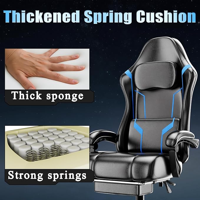 Ergonomic Gaming Chair with Footrest PU Leather Video Game Chairs for Adults 360°Swivel Adjustable Office Chair Gamer Chair Comfortable Computer Chair for Heavy People (Blue)