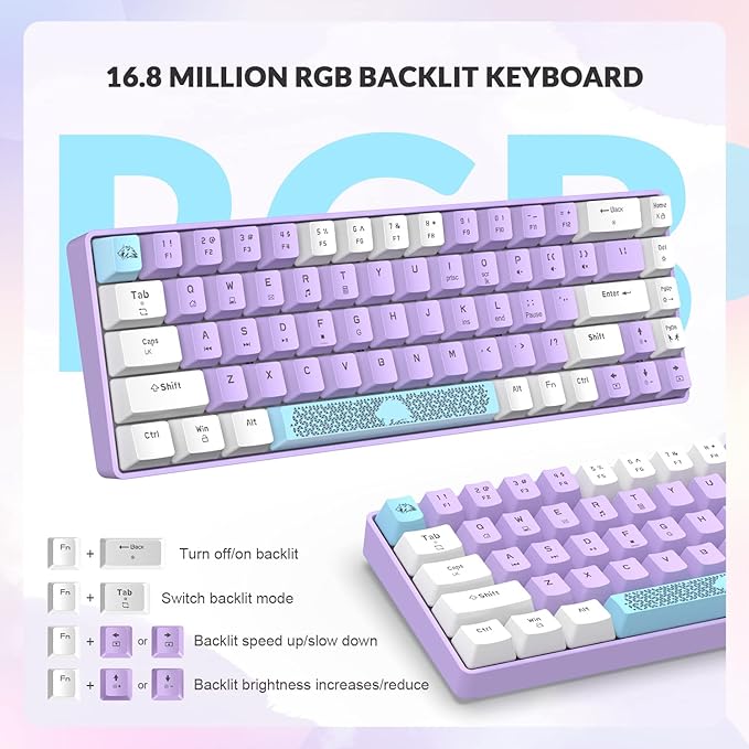 T8 60% Mechanical Gaming Keyboard68 Keys TKL Compact US Layout Wired Keyboard18 Chroma RGB BacklitBlue SwitchFull Anti-ghostingPro Custom Coiled USB-C Cablefor PCMacPS4Xbox-Lavender