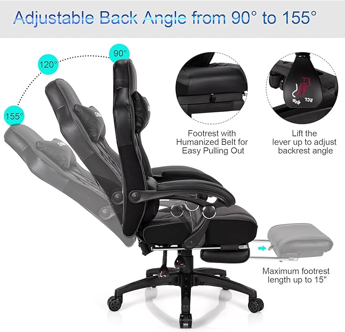 GYMAX Gaming Chair Ergonomic Computer Chair with Footrest Linkage Armrests &amp Lumbar Cushion Big Wide High Back Video Gaming Chair Reclining Office Rolling Chair for Adult/Teens (Black)
