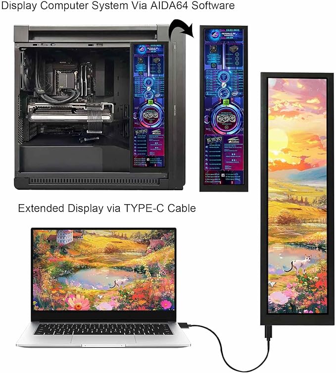VSDISPLAY 8.8 Inch 1920x480 IPS LCD Monitor as Secondary Display/DIY Computer PC Case GPU CPU RAM Temperature Data Monitoring Sensor PanelBlack