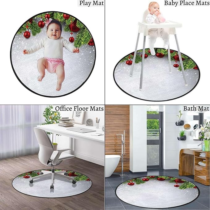 Green Red Round RugSoft Circle Washable Area Rug Non-Slip Low Pile Throw Rugs Carpet for Sofa Nursery Living Dining Room Winter Season Theme Fir Twigs and Balls Diameter 47.2 in