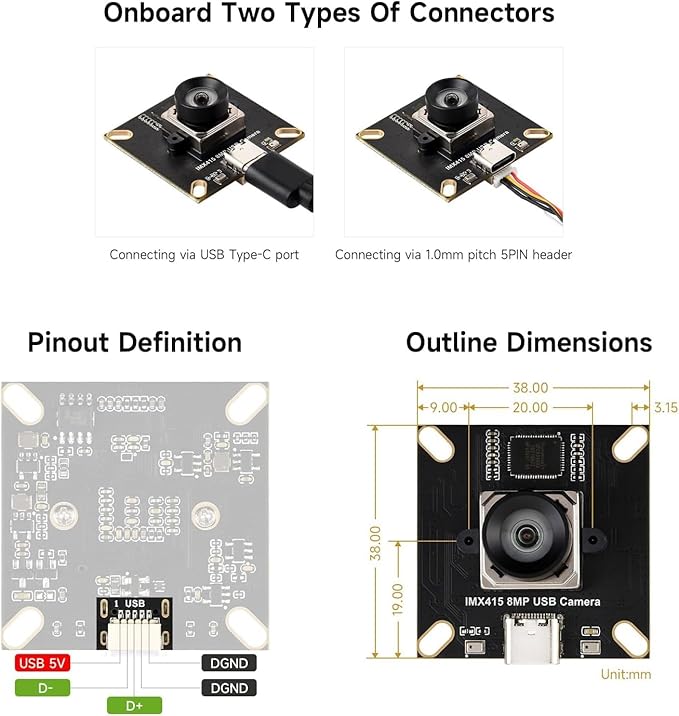 IMX415 8MP High-Resolution USB Camera Module IMX415 Sensor Chip USB2.0 Port onboard Dual Microphones Distortion-Free @XYGStudy (IMX415 8MP USB Camera (A))