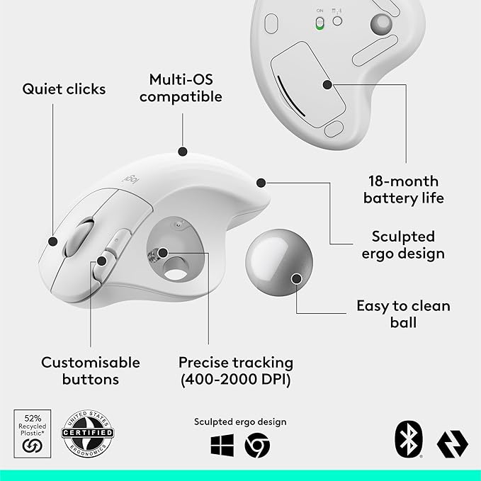 Logitech Ergo M575S Wireless Trackball Mouse Wireless Ergonomic Mouse with Bluetooth and Encrypted Dongle Comfortable Thumb Control Precise and Smooth Tracking for PC/Mac - Off- White Silver Ball
