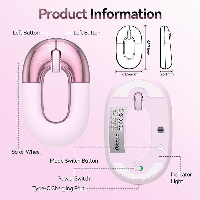 Travel Mouse Dual Mode Wireless Charging MouseMacaron Color Scheme Sweet Donut Bluetooth Computer MiceSilent and Lightweight1200 DPI Optical TrackingCompatible with PCMacLaptop（Carmine pink）