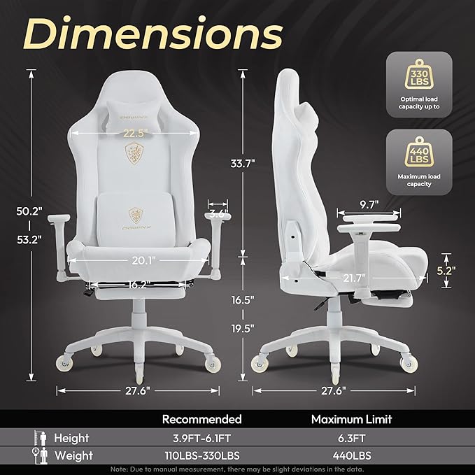 Dowinx Big and Tall Gaming Chair with Suede Fabric Breathable Game Chairs for Adults with Oversized Thick Seat for 440lbs Ergonomic Gamer Chair for Streaming &amp Long Gaming Sessions White