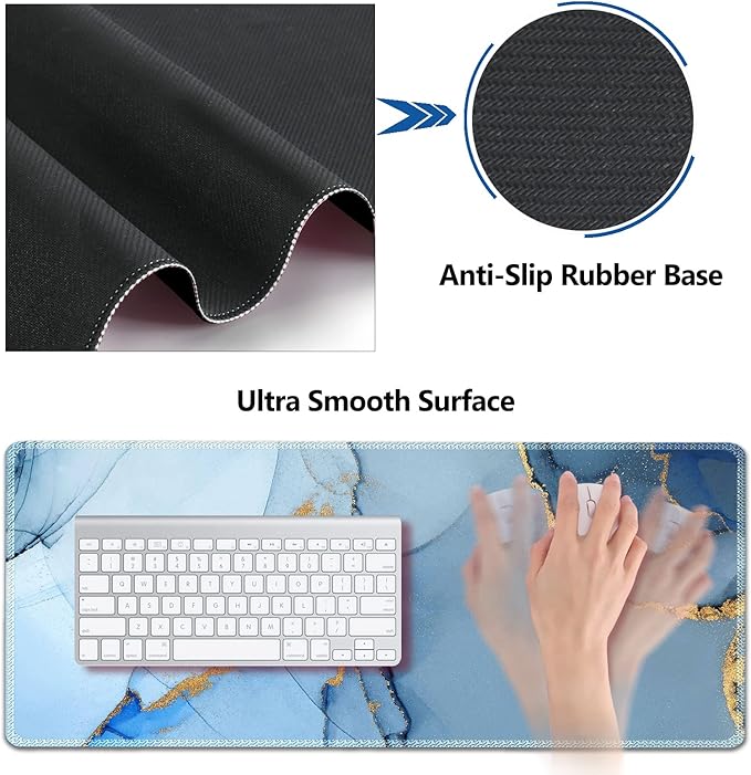 AIMSA Large Gaming Mouse Pad Set Keyboard Wrist Rest Support Mouse Pad Ergonomic Memory Foam Multifunctional Extended Desk Mat 35x15.7in Anti-Slip Rubber Base for Office Home Blue Marble