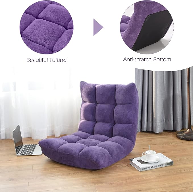 COSTWAY Adjustable Gaming Chair Purple 14-Position Back Support Soft Coral Fleece Portable Lightweight 22 x 24 x 22