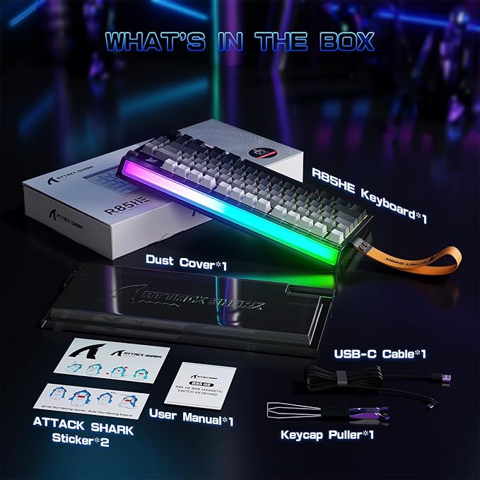 ATTACK SHARK R85 HE Wired 75% Rapid Trigger Mechanical RGB Gaming Keyboard with Custom Lightbox8KHz Polling Rate0.005mm RT Accuracy0.08MS LatencyHall EffectMagnetic SwitchDriver for PC-Moonlight