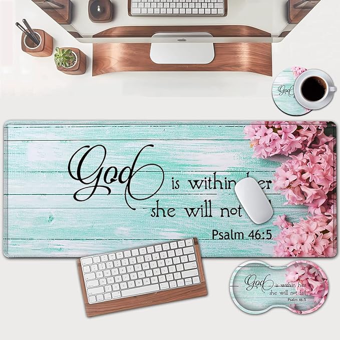Large Mouse Pad Extended Office Desk Pad 31.5x11.8in Ergonomic Memory Foam Mouse Wrist Rest Support for Home Office Computer Writing Pad Cute Psalm 46：5 Pink Hyacinth Pattern XXL Gaming Mouse Mat