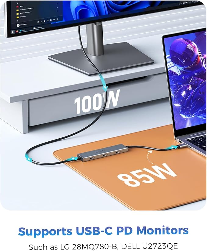 USB C Video Splitter for USBC PD Monitor Portable Screen Type C Monitors 4-Port USB-C 3.2 Gen 2 10Gbps Hub DP Alt 4K@30-60Hz 100W PD for Win/Chrome Laptop AR Glasses Game Console