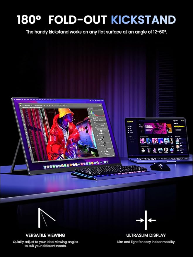 UPERFECT 24.5 2K Portable Monitor 165Hz Gaming Monitor 1ms FreeSync HDR IPS Large Mobile Screen Built-in 180° Adjustable Stand/VESA USB-C HDMI Second Screen for Laptop Phone Game Console