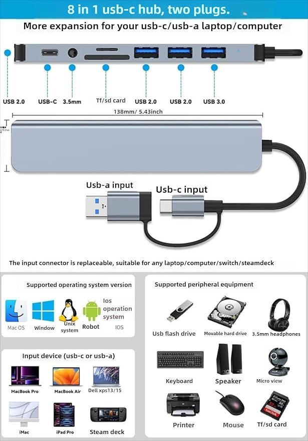 USB Hub 8 in 1 USB A/C to USB 3.0 USB 2.0 8 Ports Portable USB Splitter USB Docking Station Extender USB3.0 Audio Compatible with LaptopPC Phones