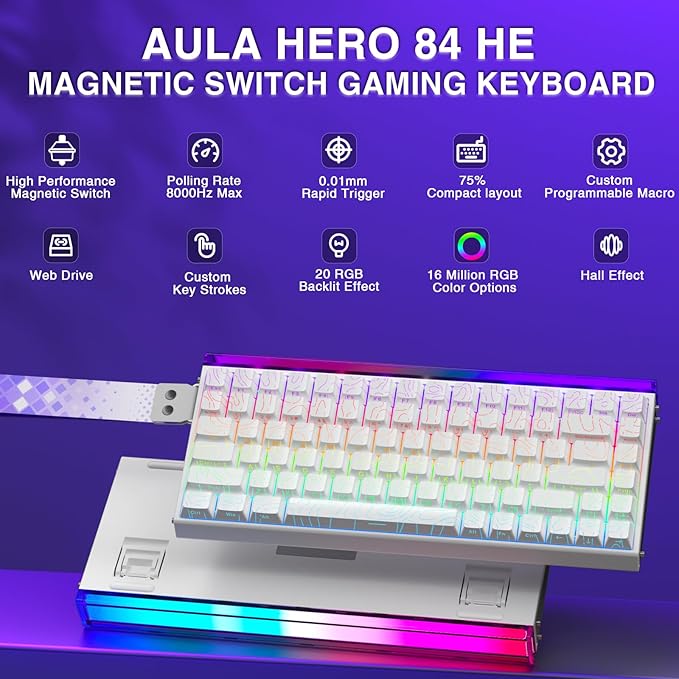 Aula Hero 84 HE - 75% Mechanical Gaming Keyboard Hall Effect Magnetic Switches Keyboard 8000Hz Polling Rate RGB Neon Light Box Hot-Swappable Side-Printed PBT Keycaps Gamer Keyboards for PC/Mac