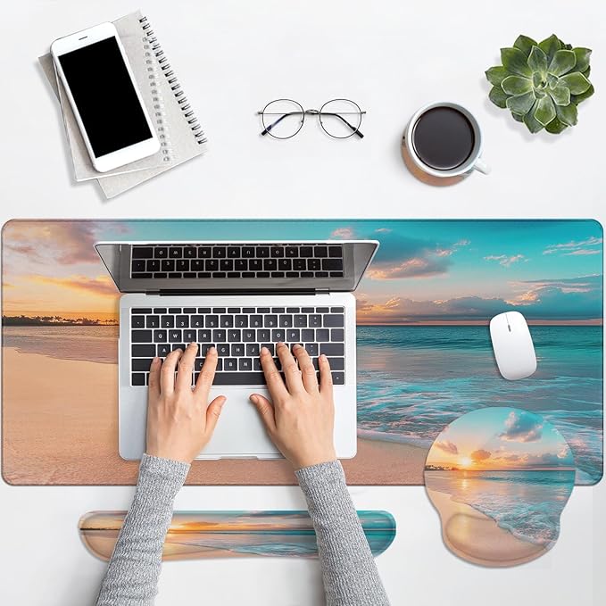 Arttown Summer Ocean Sun Desk Mat Sand Beach Mouse Pad Set 4 in 1 Cloud Sea Wave Ergonomic Design Large Desk Pad + Keyboard Wrist Rest + Mouse Wrist Rest + Coaster Suitable for Home Office Study Game