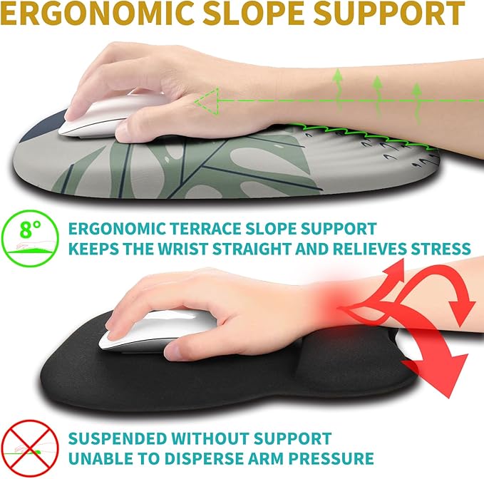 Hokafenle Ergonomic Mouse Pad Wrist Support with Stepped-Wedge Design Wrist Rest Pain Relief Mousepad Filled with Memory Foam Carpal Tunnel Mousepad for Wireless Mouse(12x8 inch Abstract Leaves)