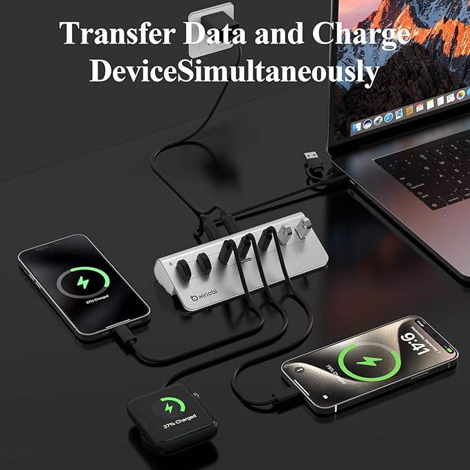 USB C HubPowered USB Hub with 5V 3A Power Adapter 10Gbps USB Splitter with 4 USB-A and 3 USB-C Ports 7-Port Type C Multiport Adapter for MacBook Air/Pro iPhone 16/15 Laptop and More(Silver)