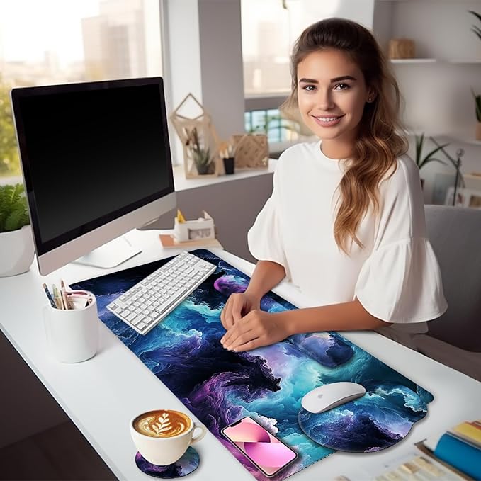 Galaxy Mouse Pad Set Large Desk Matt for Desktop Ergonomic Mouse Pad with Wrist Rest Gaming Mousepad Wrist Support Keyboard Mat Cup Coaster Set Cute Office Desk Decor Accessories