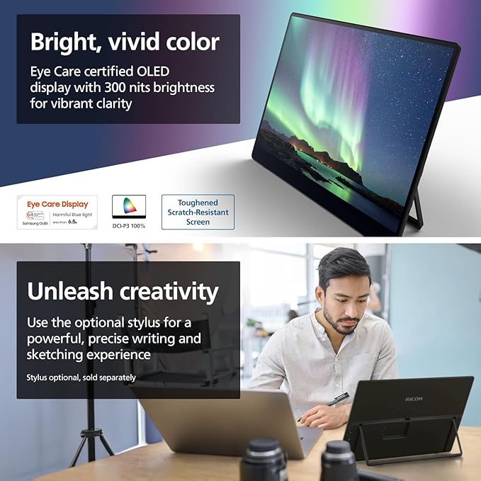 Ricoh 150BW Portable 15.6 Vivid OLED 350nit Lightweight Display Monitor and Touchscreen w/Dual Speakers Wireless with Multicasting Battery Powered - for Laptop Desktop Mac PC