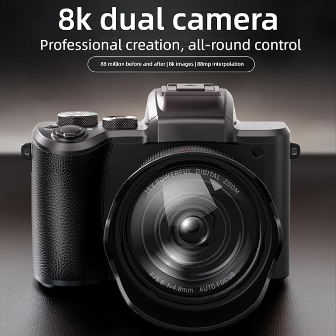 Diyeeni 8K Digital Camera 88MP HD Dual Lens 16X Zoom WiFi Webcam with 3.2 Inch Touchscreen Flash Lens Hood for Photography Selfie Video Streaming