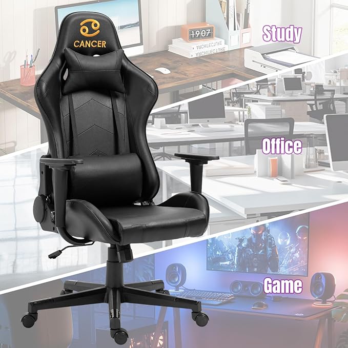 DIKEP Gaming Chair Office Chair High Back Computer Chair Leather Chair Racing Executive Ergonomic Adjustable Task Chair with Headrest and Lumbar SupportBlack