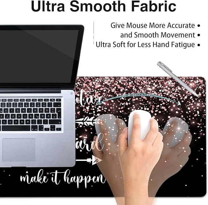 Desk Pad Extended Large Mouse Pad with Stitched Edges (31.5X11.8In) Ergonomic Mouse Wrist Rest Support Waterproof Computer Keyboard Mouse Mat Rose Gold Glitter Quotes XXL Black Gaming Mouse Pad