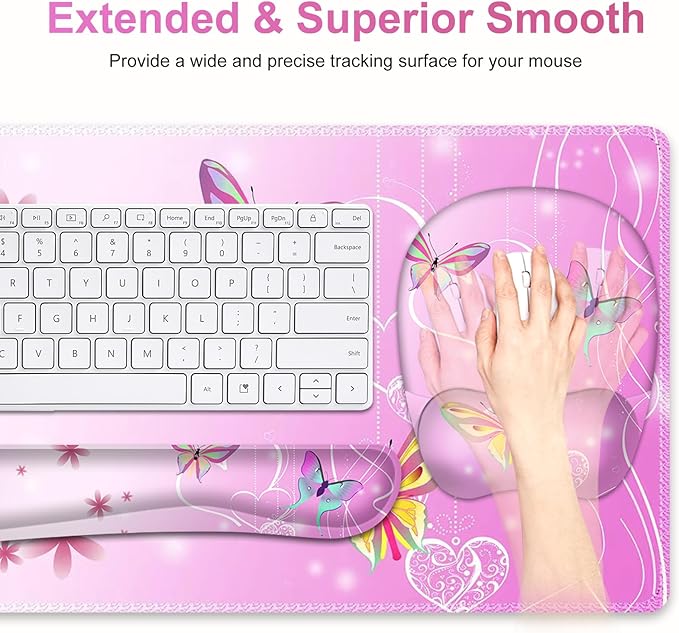 Mouse Pad with Wrist Support 4 in1 Set XXL Big Game Mousepad + Keyboard Wrist Rest + Mouse Wrist Rest Pad +Coaster Gaming Mat for Work Study Home Office I Gradient Pink Butterfly Flower