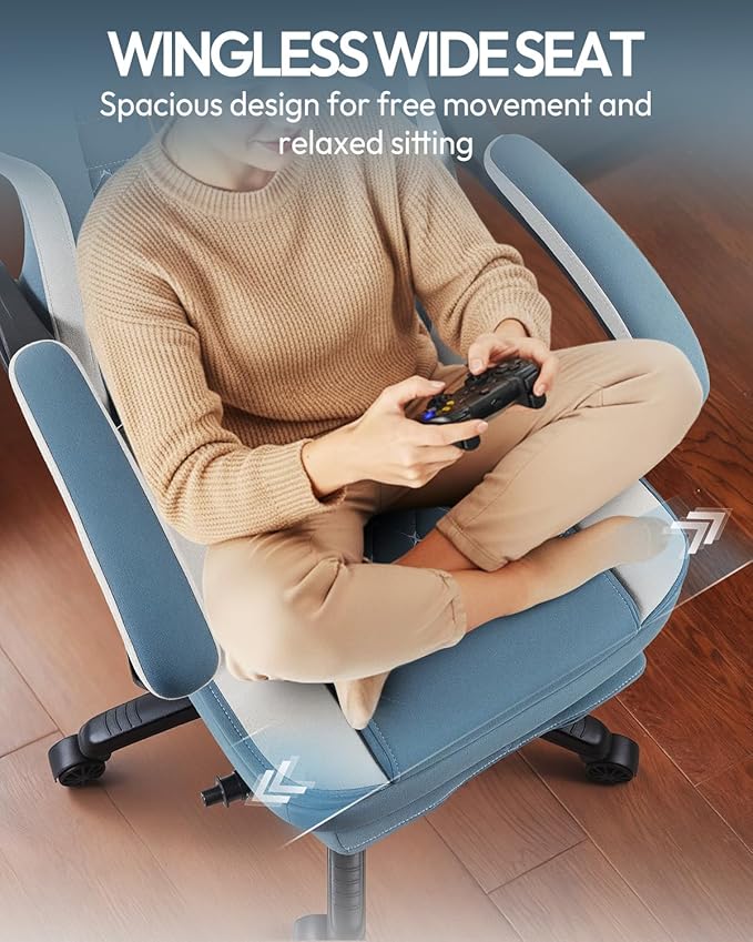Dowinx Gaming Chair Breathable Fabric Game Chair with Gel Pad and Storage Bag Comfortable Gamer Chair with Pocket Spring Cushion Ergonomic Computer Chair with Footrest Blue and White