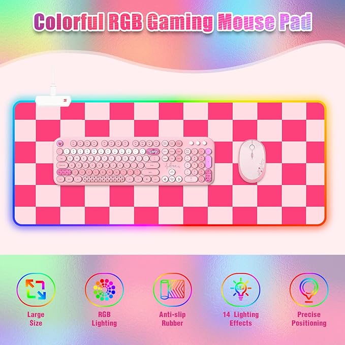 RGB Gaming Mouse Pad I Large Mousepad with 14 Led Modes I Keyboard Pad Gaming Desk Mat I Non-Slip Rubber Base Mouse Mat I 900x400x4mm Waterproof Mousepad for Gaming PC MacBook I Pink Checkered