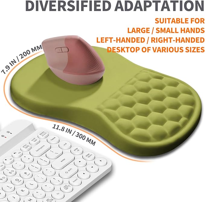 Ergonomic Joint Wrist Support Mouse Pad with Memory Foam Cushion Massage Bump Carpal Tunnel Pain Relief Mousepad Slope Design for Wrist Rest 11.8x7.9 in Khaki Green