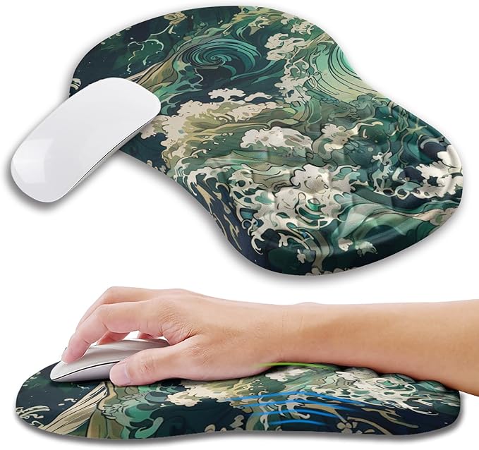 Ergonomic Mouse Pad Wrist Support with Memory Foam Massage Bulge Carpal Tunnel Pain Relief Mousepad Wrist Rest for Mouse(12x8 inch Sea Wave)