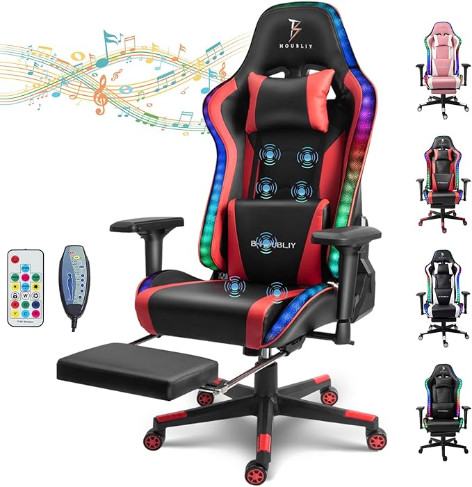 XOOFMASS Gaming Computer Chair Ergonomic Massage Office Chair Desk Chair with Speakers &amp RGB LED Lights High Back PU Leather 180° Racing Chair with Footrest Game Chair for AdultRed