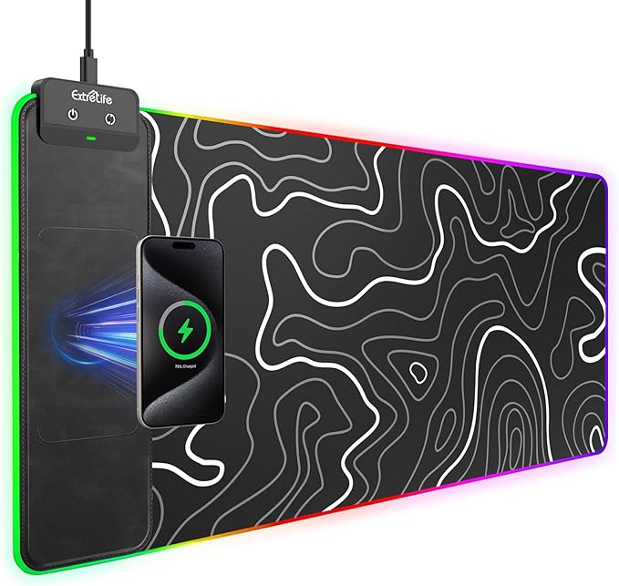 Wireless Charging RGB Gaming Mouse Pad 31.5x15.7 XXL Large Desk Mat Desk Pad for Gamer 9 Light Modes Non-Slip Rubber Base Waterproof Computer Keyboard Mat Black
