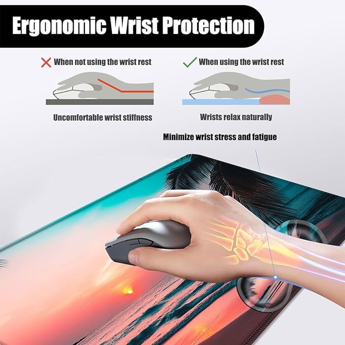 Mouse PadLarge Desk Mat Set 4in1 XL Mousepad + Keyboard Wrist Rest+Mouse Wrist Rest+Coaster with Ergonomic Desk Pad for Home Office Table Computer Cover -Palm Tree Beach Scene