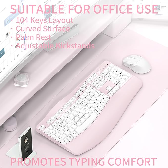 Ergonomic Wireless Keyboard and Mouse Combo Wave Keys Keyboard with Wrist Rest for Natural Typing 3 DPI Adjustable Ergonomic Silent Mouse for Computer/Laptop/Windows/Mac (Pink)