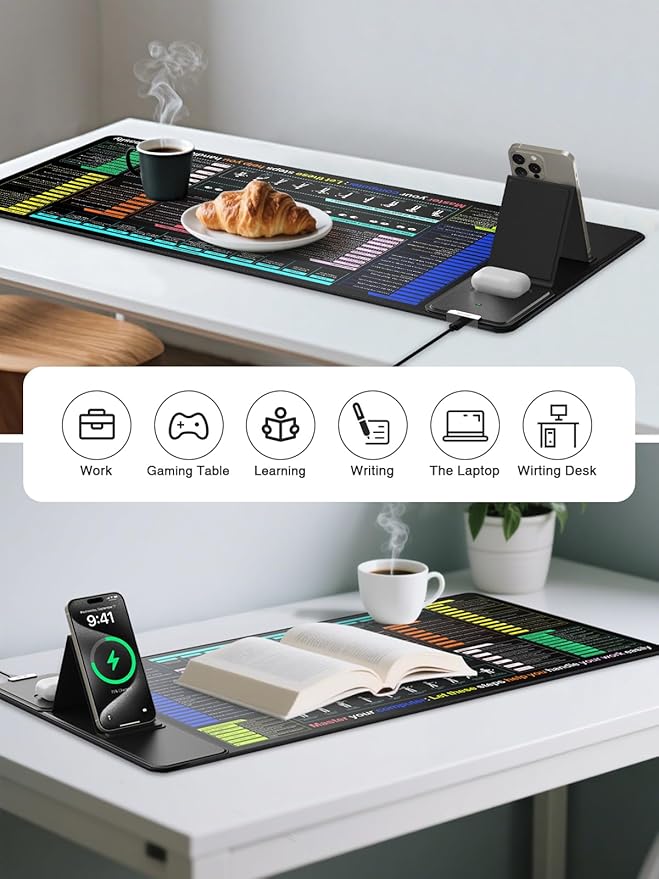 Mouse Pad with Foldable Phone Holder Wireless Charging Desk Mat with Excel/Word/PowerPoint/Windows Shortcut Keys 31.5x15.8 Large Mousepad XXL Desk Pad with Non-Slip Waterproof