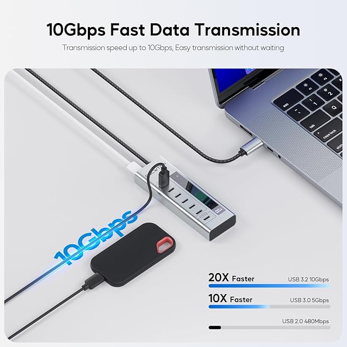 Powered USB C Hub PULWTOP 7 in 1 USB C Hub Support Data 10Gbps &amp Charging(Not Support Video) USB C Powered Hub 10Gbps Ports for iMac MacBook Pro/Air iPad XPS USB Hub with 35W PD Power Adapte