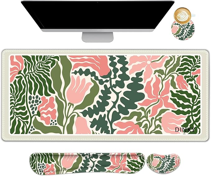 DINKY Floral Desk Mat Large Mouse Pad with Wrist Rest Desk Matt for Desktop Anti-Slip XXL Ergonomic Mousepad with Wrist Support for Keyboard and Mouse Abstract Flower Leaf