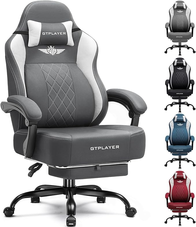 GTPLAYER Big and Tall Gaming Chair Breathable Fabric Computer Chair with Strong Lumbar Support Comfortable Office Chairs with Pocket Spring Cushion High Back Ergonomic Desk Chairs with Footrest
