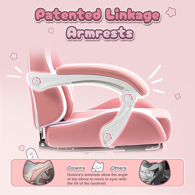 Dowinx Gaming Chair Cute with Cat Ears and Paw Lumbar Ergonomic Computer Chair for Girl with Footrest and Headrest Comfortable Reclining Game Chair 290lbs for Adult Teen Pink