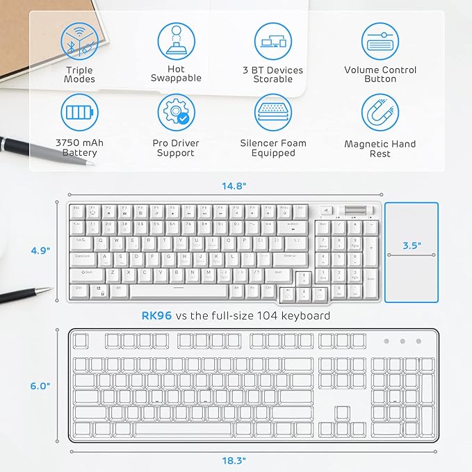 RK ROYAL KLUDGE RK96 90% Triple Mode BT5.0/2.4G/USB-C Hot Swappable Mechanical Keyboard with Magnetic Wrist Rest 96 Keys Wireless Gaming Keyboard with Software Blue Backlight