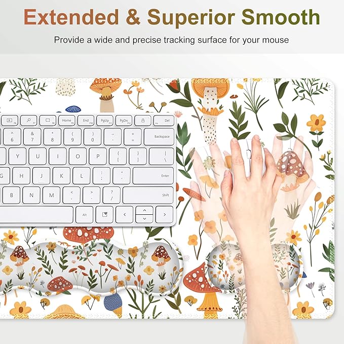 Desk Mat Gaming Mouse Pad Cute Keyboard Wrist Rest Anti-Slip XXL Mouse Pad with Stitched Edges Mushroom Plant Leaf Theme