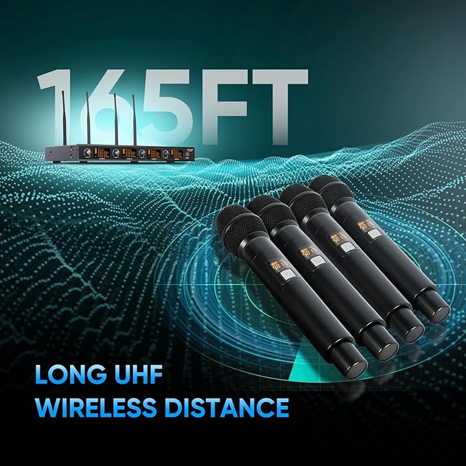 Wireless Microphone System 4 Channels UHF Metal Cordless Handheld Wireless Mics Set - Adjustable Frequencies Auto Scan 165ft Range for Karaoke Singing Meeting Church Wedding (BLM404)