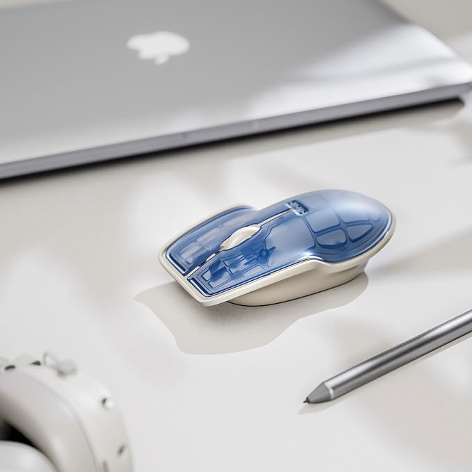 LUNAR ARTEFACTS Ambidextrous Rechargeable Bluetooth Wireless Computer Mouse Blue Translucent with White Powder Coated Aluminum USB-C