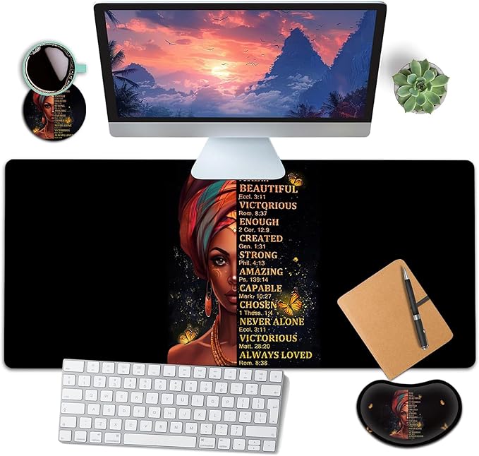 Large Mouse Pad with Mouse Wrist Rest 31.5x11.8 in Extended Mouse Mat with Ergonomic Memory Foam Wrist Rest for Work &amp Gaming Writing Pad African American Women Black Girl Office Desk Pad 2